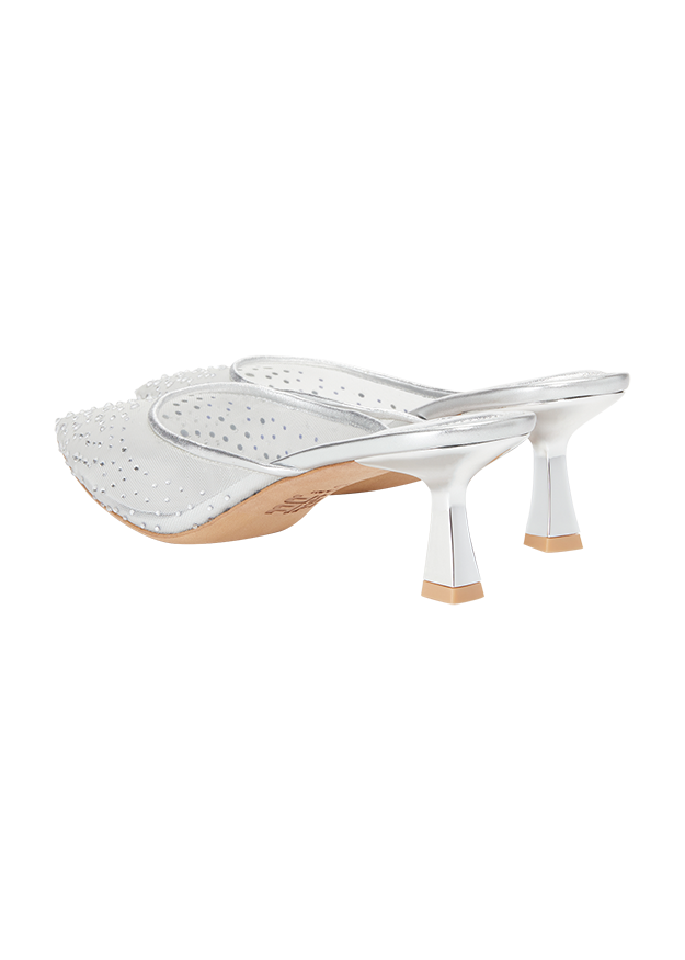 mule, mule, silber, Absatz mit Absatz, verziert