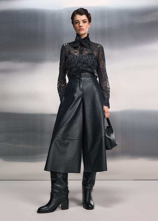 Lace top, Black lace, Wide-leg pants, Knee-high boots, Leather look