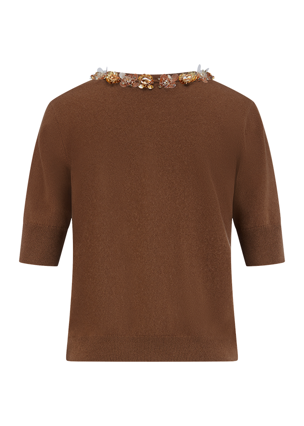 brauner Pullover, Kleines Strickteil, Short Sleeve look, Rundhals-Pullover, Kragen mit Schmuck