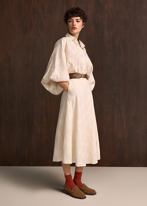 kleid, midikleid, langarm, allovermuster, braunergurt
