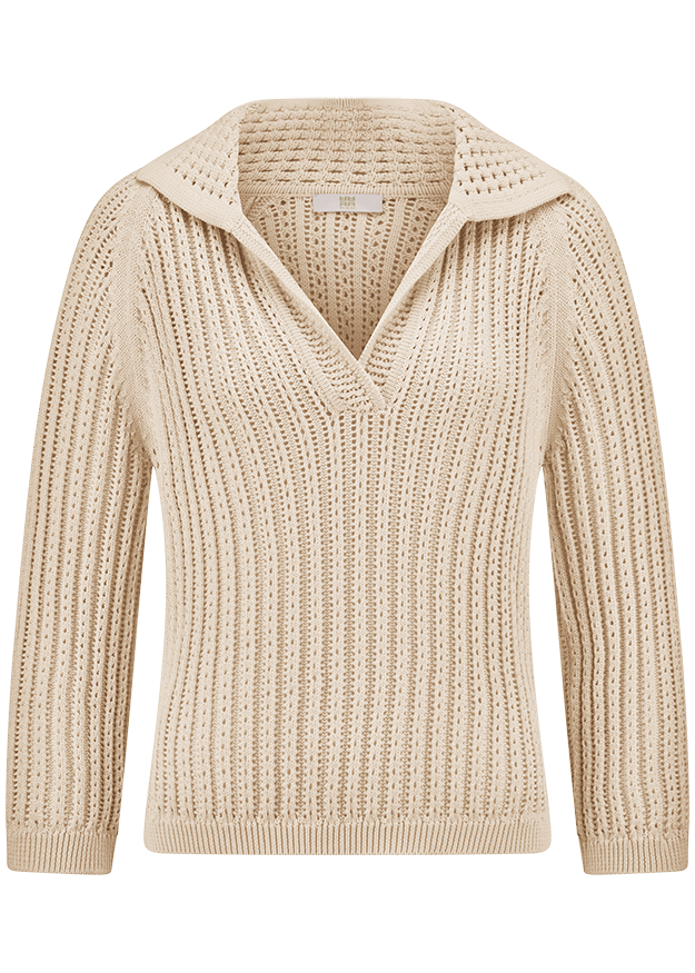 Strickpullover, Kragenpullover, offener Kragen, Lange Ärmel, Beige