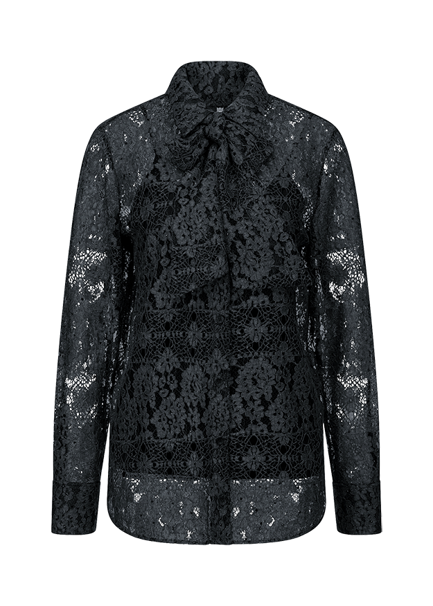 Spitzenbluse, Lace Top, Schwarz, Langarm, Bluse mit Schleife