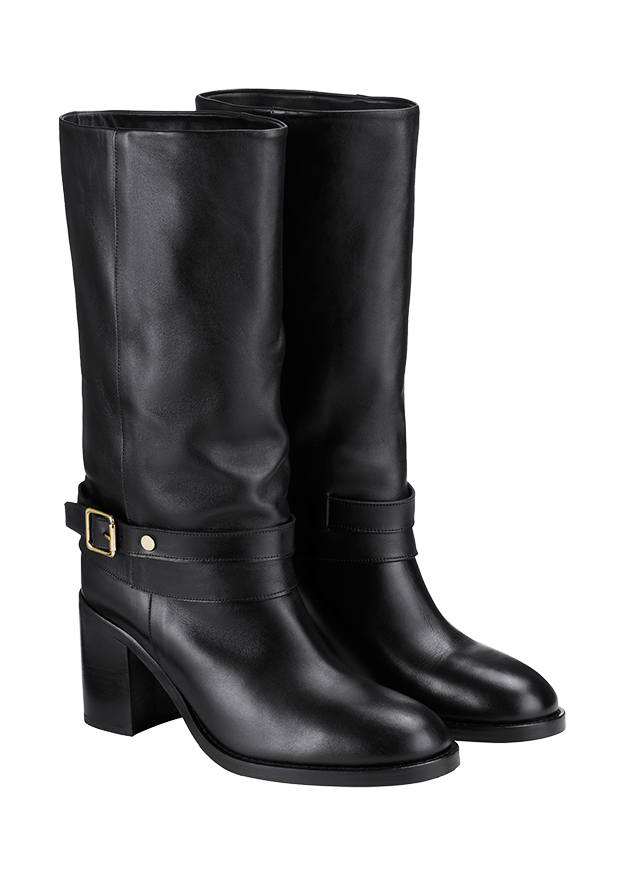 Stiefel, Schwarz, Knee-High, Stiefelabsatz, GürtelDetail