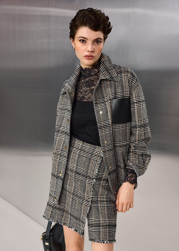 Plädierte Muster, kariert, Jacke, Rock, Spitze