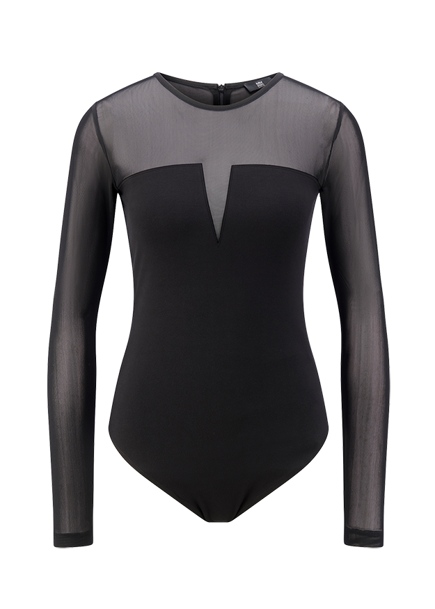 Body, Schwarz, Langarm, Transparente Ärmel, Mesh-Einsatz