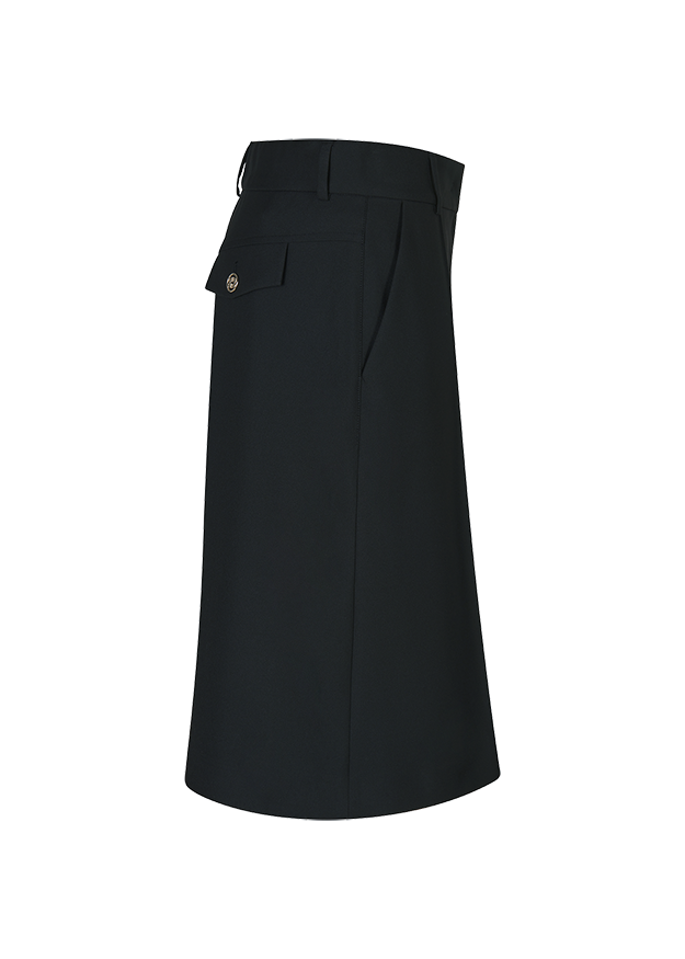 Rock, Knie-Länge, Schwarz, Gürtel, Seitentasche