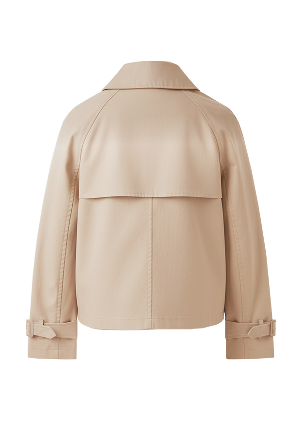 Trenchcoat, Beige, Kragenloser Mantel, Rückenansicht, Schulterbereich