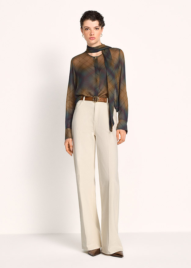 Blouse, Langarmbluse, Transparente Bluse, Geometrischer Muster, Hose: Leinen