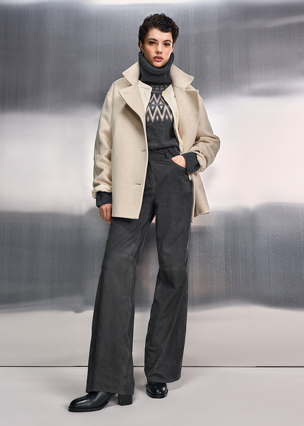 Mantel, Beige, Oversize, Wollmantel, Look schwarz-grau