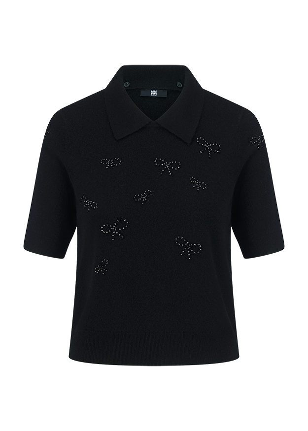 Strickshirt, Polokragen, Kurzarm, schwarz, Perlenverzierung
