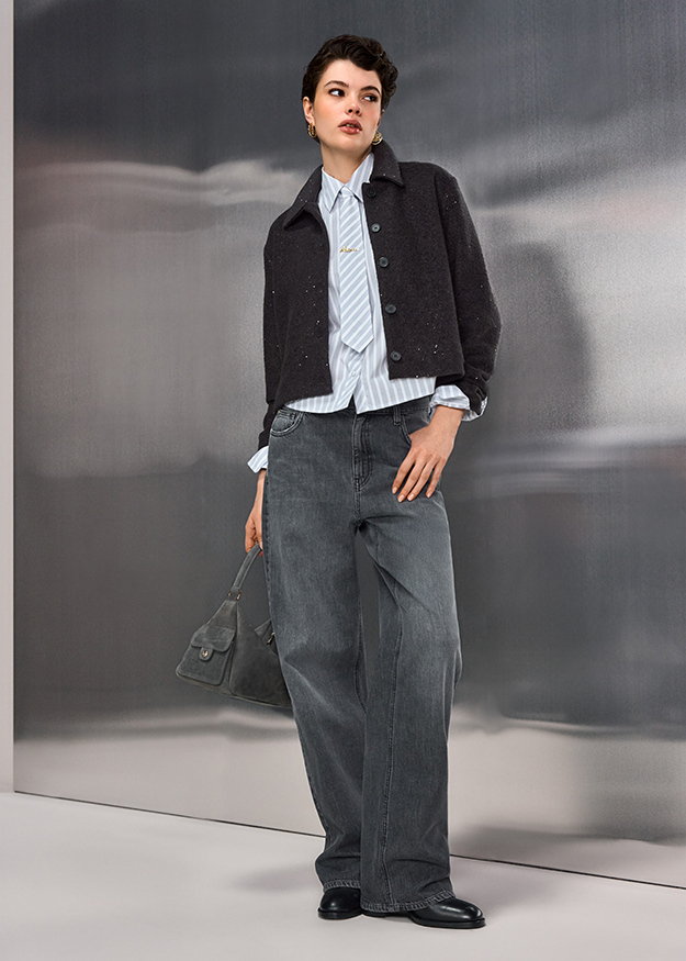 Jacket, Cropped jacket, Streifenhemd, Weite Jeans, Tasche