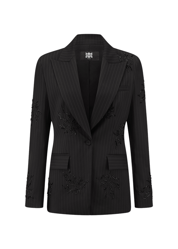 Blazer, Pinstripe, Embroidered, Schwarz, Tailored
