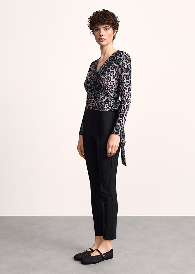 Leopard-Print, Langarmtop, Wrap-Top, Schwarz, Hosen-Set