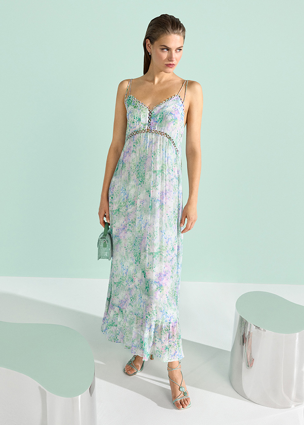 maxi, Kleid, Blumenmuster, Spaghettiträger, Spitzenbordüre