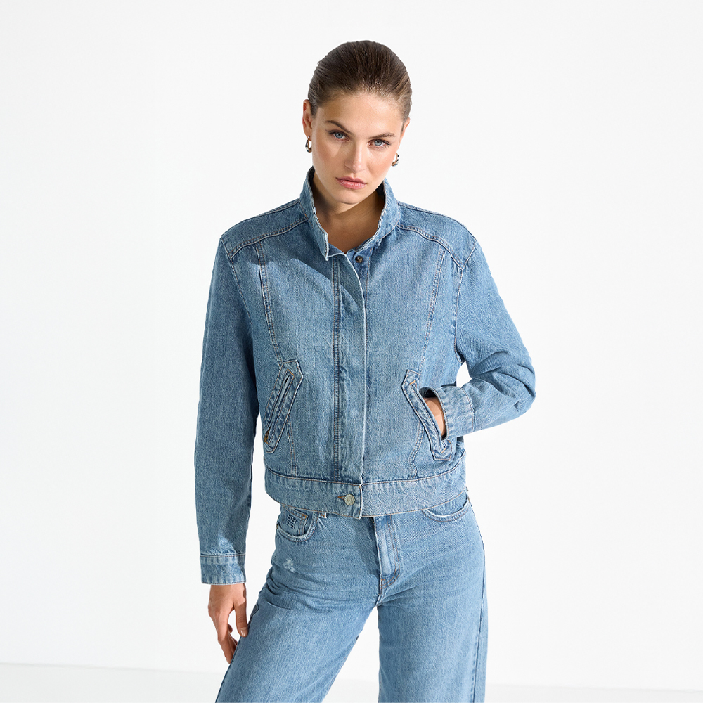 jeansjacke, Denim, Blau, Kragen, Taschen