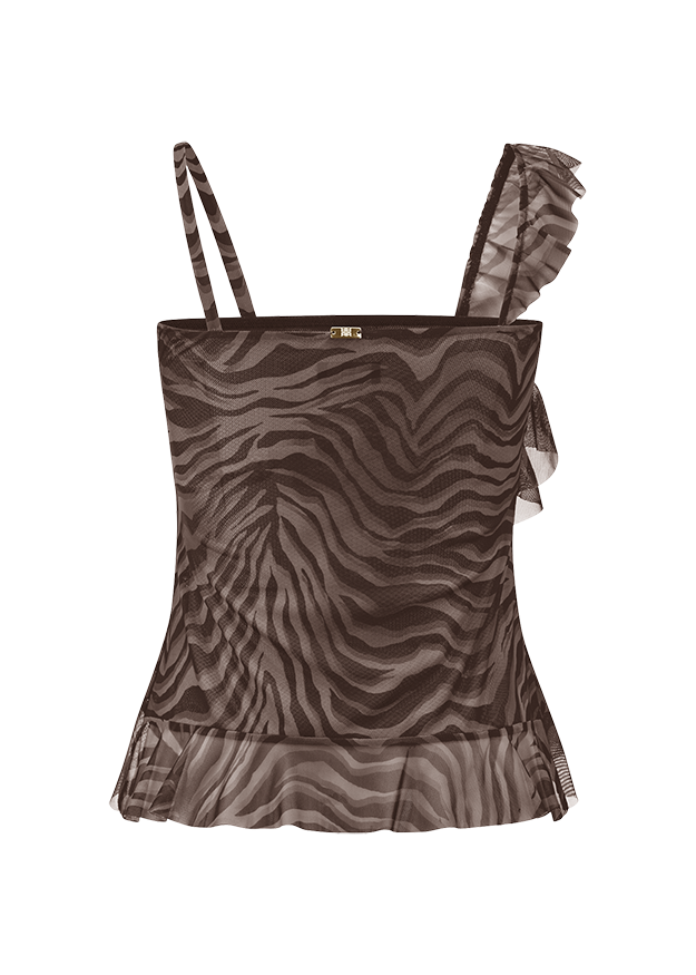 Top, Tiger-Print, Spitzenkante, Spaghettiträger, Transparente Schicht