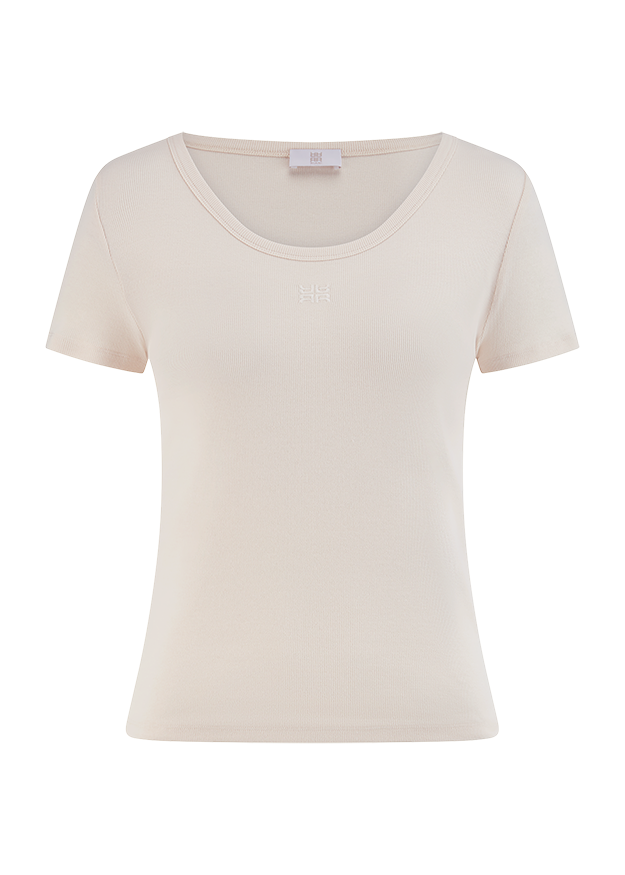 T‑Shirt, Rundhalsausschnitt, Kurzarm, Beige, Kragennaht