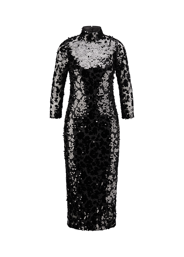 Abendkleid, Paillettenkleid, Schwarz-silber, Spitzenärmel, Stehkragen