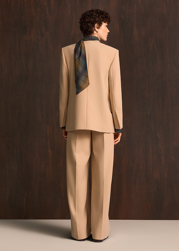 tailored suit, beige suit, pantsuit, blazer, scarf accessory