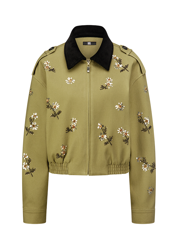 Jacke, Bomber, Stickerei, Olivgrün, Blumen