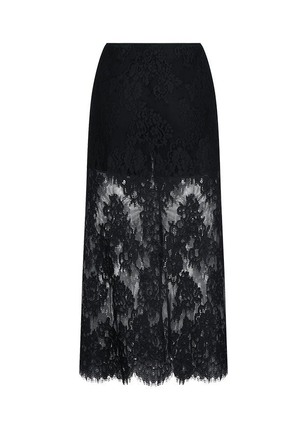 Spitzenrock, Schwarz, Midi-Länge, Blumen-Spitze, Durchsichtiger Saum