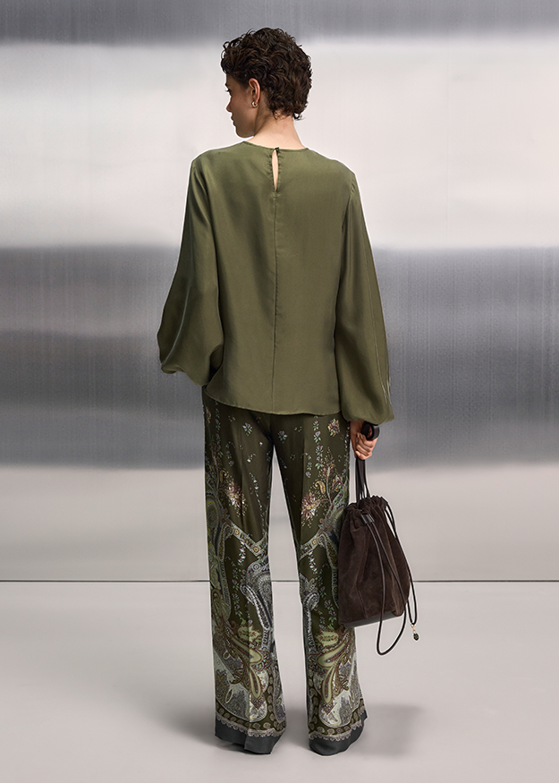 Bluse, Langarm, Olive, Rückenschlitz, Paisley-Hose