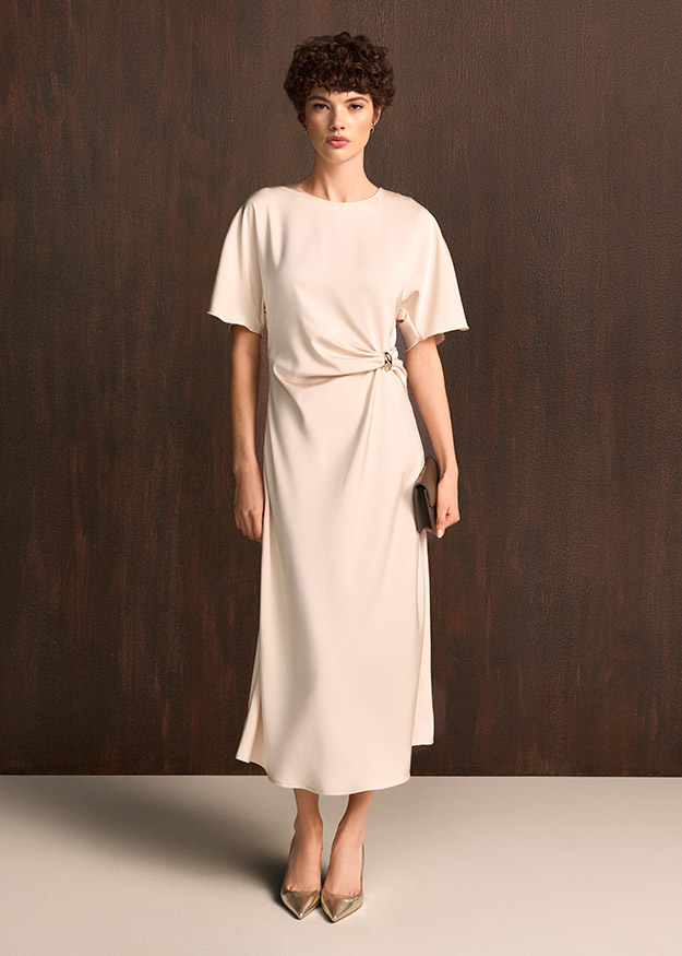Midi Kleid, Beige Kleid, Wrap-Detail, Kurze Ärmel, Damenmode