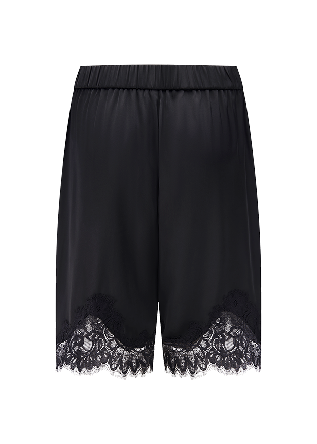 shorts, lace trim, black, silky, elastic waistband