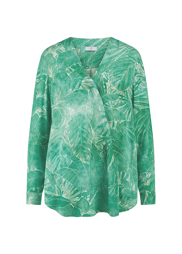 Bluse, Hemdshirt, Blättermuster, Grün, Langarm