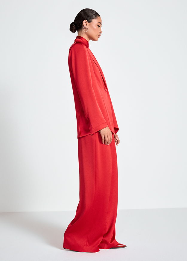 rot suit, roter blazer, roter weite hose, formale bekleidung, zweiteiliger set