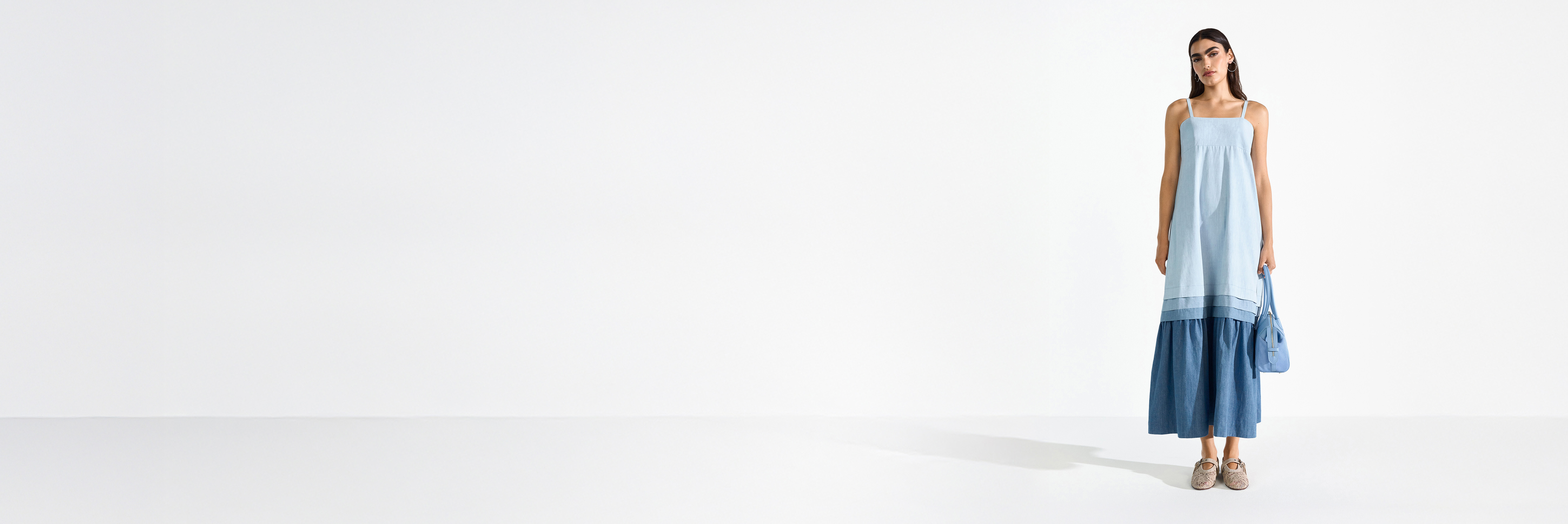 maxi dress, linen dress, blue dress, tiered hem, strap dress