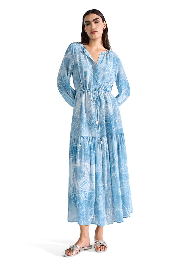 maxi Kleid, Tie-Dye, blaues Kleid, lange Ärmel, V-Ausschnitt