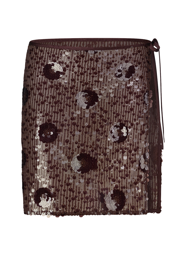 Sequin-Top, Minirock, Spitze, Florales Muster, Dunkelbraun