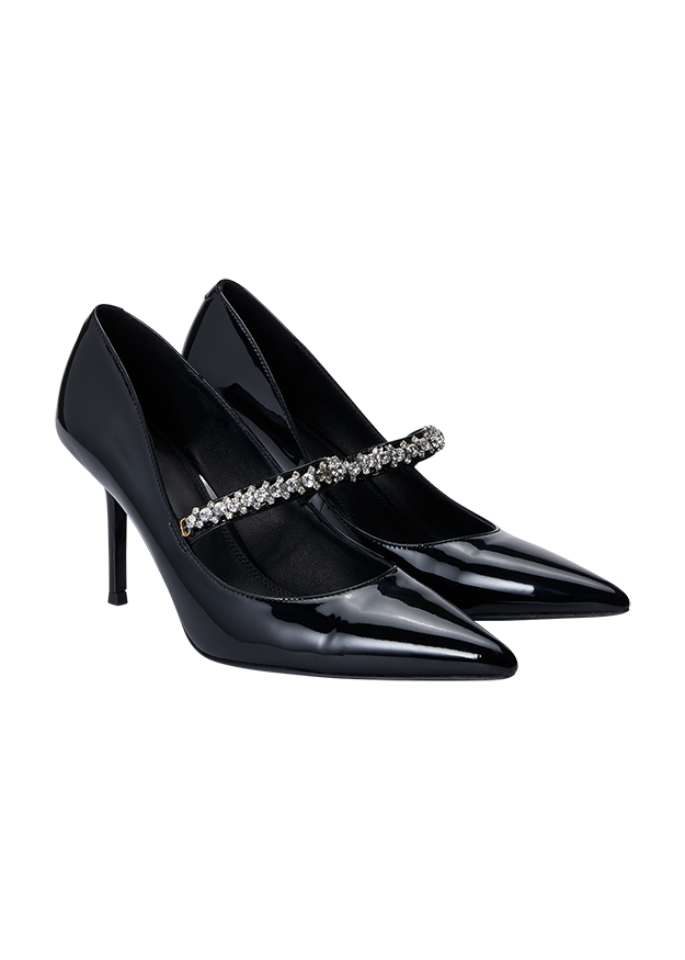 Pumps, Schwarzes Lackleder, Spitze Zehen, Schmaler Absatz, Strassriemchen