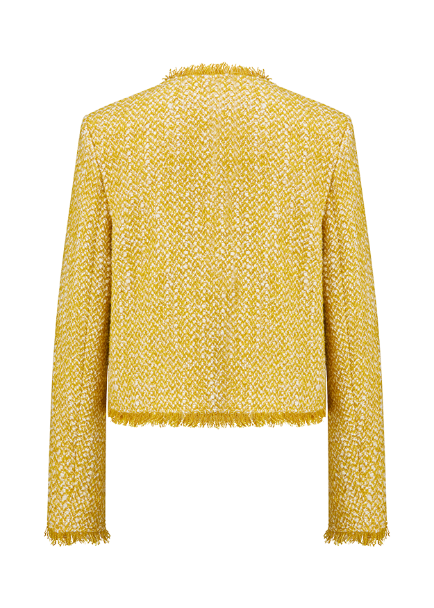 Tweed, Kariertes Muster, Gelb, Blazer, Fransen