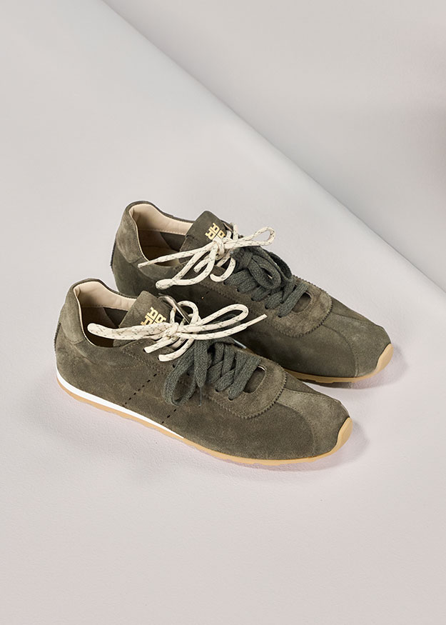 Sneaker, Lace-up, Suede, Olive, White sole