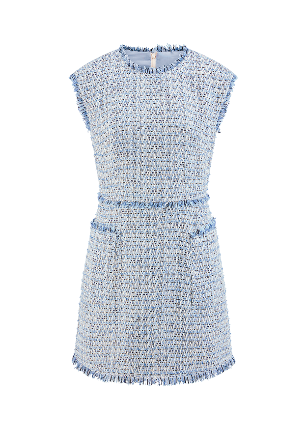 Tweed, Kleid, Strickstruktur, Blau, Kleid mit Taschen