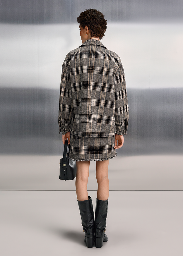 Haut aus Wolltuch, Karierter Mantel, Oversized Jacket, Fransen-Look, Schal-/Karo-Outerwear