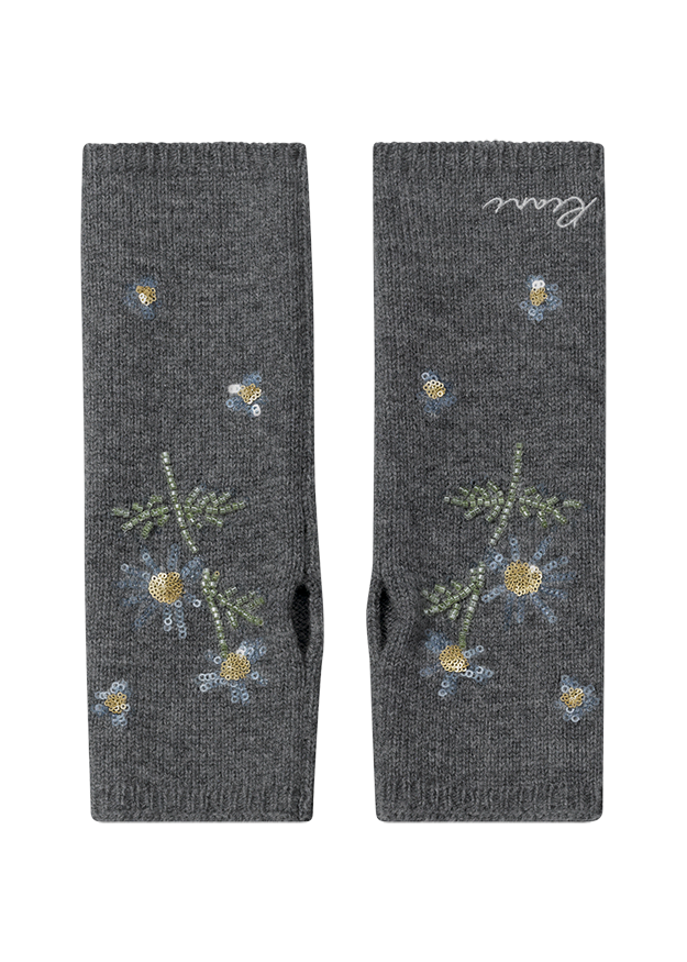 Strickschal, Stickerei, Blumenmuster, dunkelgrau, Paillettendetails