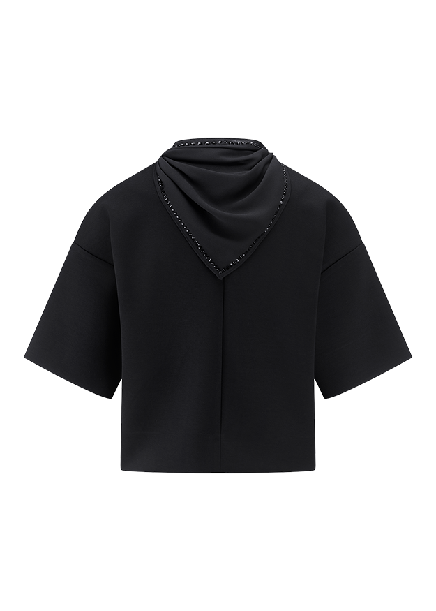 Kurzarmshirt, Kapuze, Schwarz, Nietenbesatz, Cropped-Schnitt