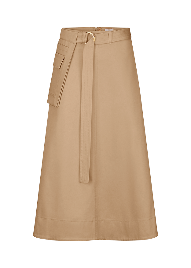 Knieleder, Langer Rock, Beige, Gürteltaillenkappe, Tasche-Detail
