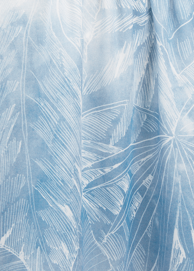 Hemdbluse, Blaues Muster, Blattdruck, Baumwolle, Drapierter Stoff