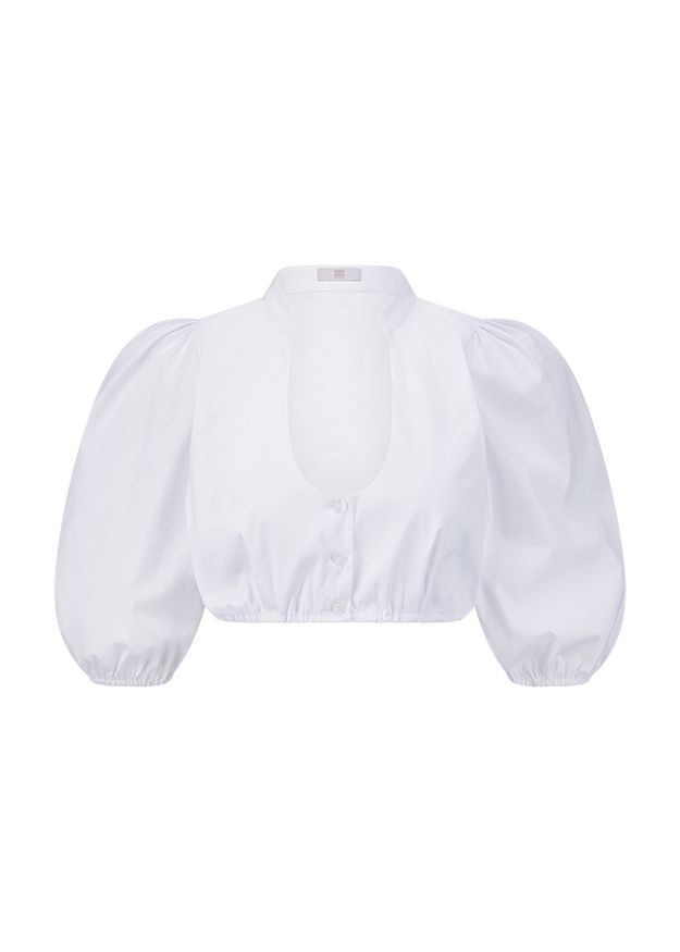 Bluse, Puffärmel, Knopfleiste, Kurzer Schnitt, Weiß