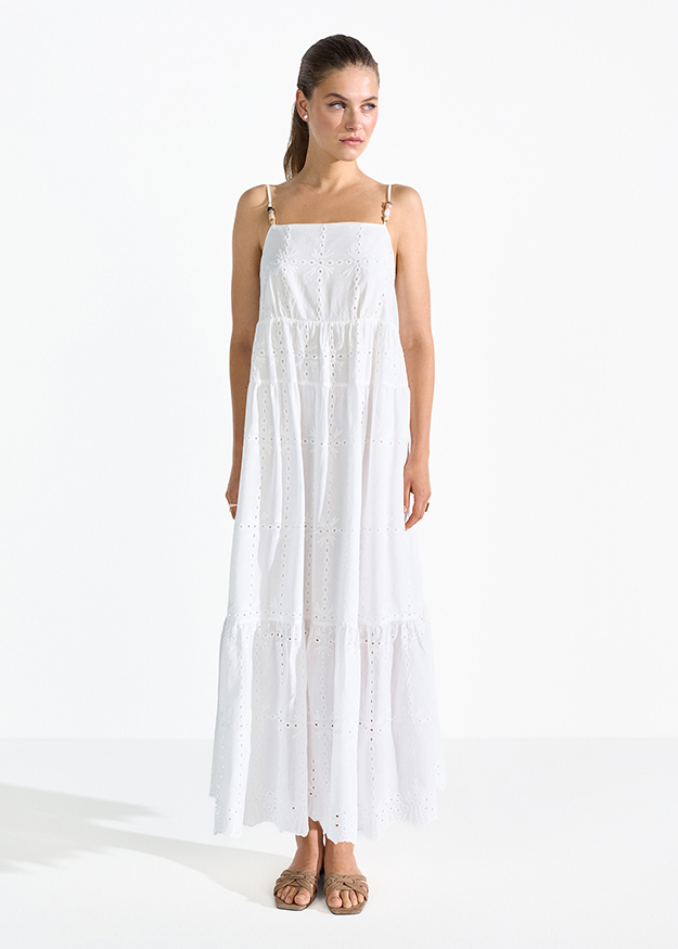 Maxi-Kleid, weißes Kleid, Augenstickerei, Eyelet-Kleid, Spaghettiträger