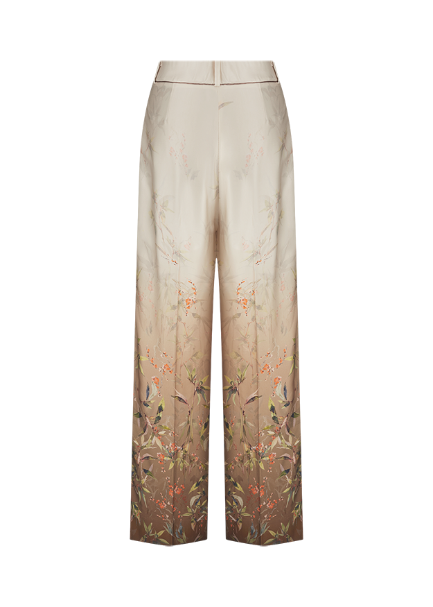 Beige Hose, Blumenmuster, weite Passform, Hohe Taille, Blätter/Blumen-Print