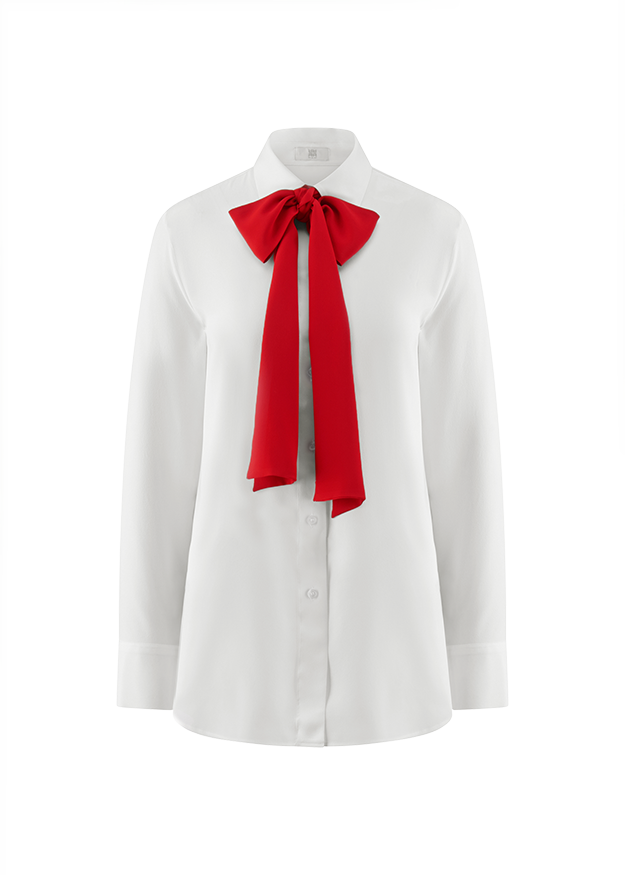 Weiße Bluse, Rote Schleife, Langarm, Knopfleiste, Kragen