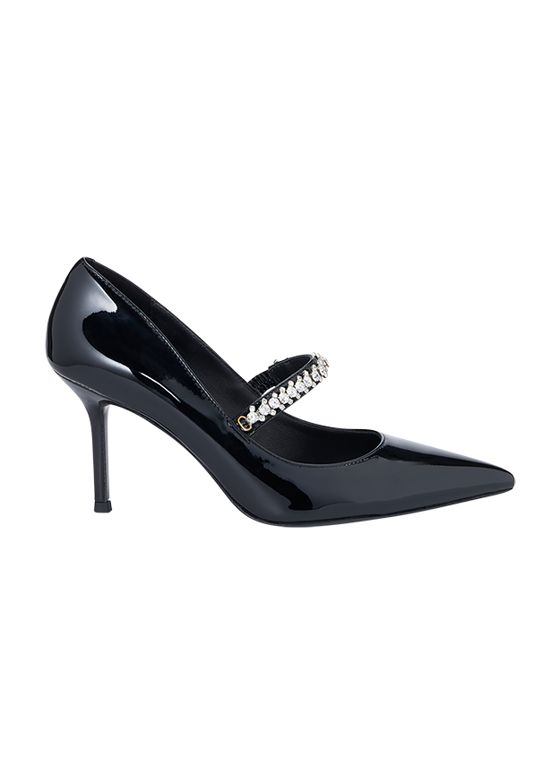 Pumps, Schwarzes Lackleder, Spitze Zehen, Stilettoabsatz, Strassschnalle