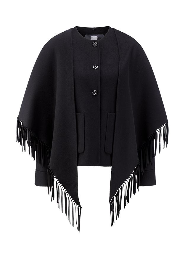 Poncho, Fransen, Strick, Schwarz, Cardigan