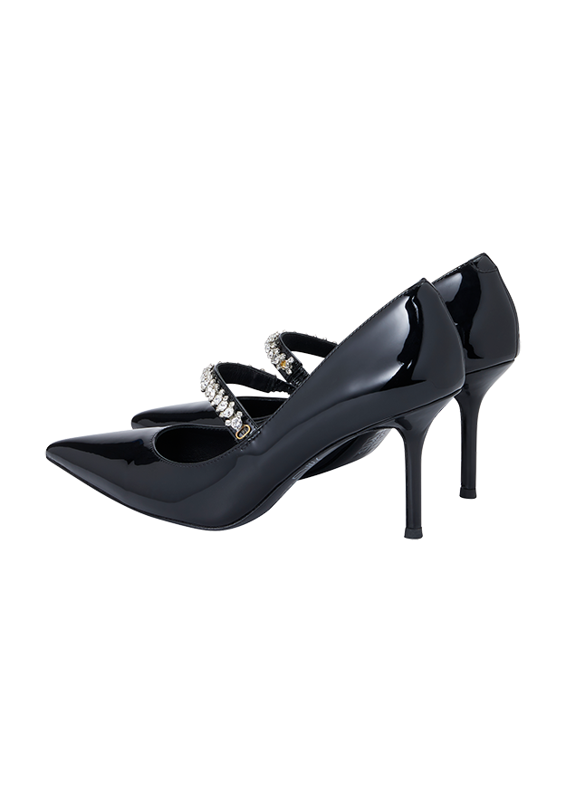 Pumps, Schwarzer Lack, Spitze Zehen, Riemchen, Strasssteine