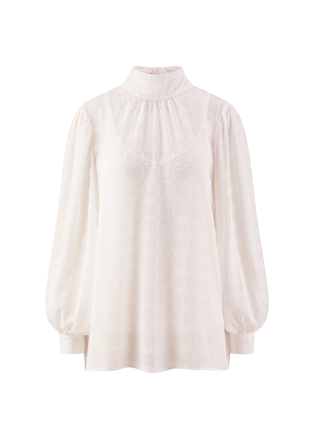 Bluse, Cremeweiß, Stehkragen, Langarm, Strukturmuster